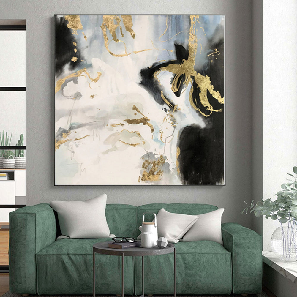 “Blue - White - Gold Abstract Fluid Shapes” - Luxe Abstract Painting On Canvas PS0363