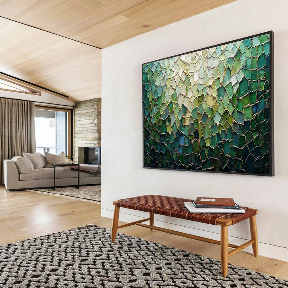 “Green Mosaic Tapestry” - Green, Blue & Gold Abstract, Mosaic - Style Mixed Media On Canvas DKS759