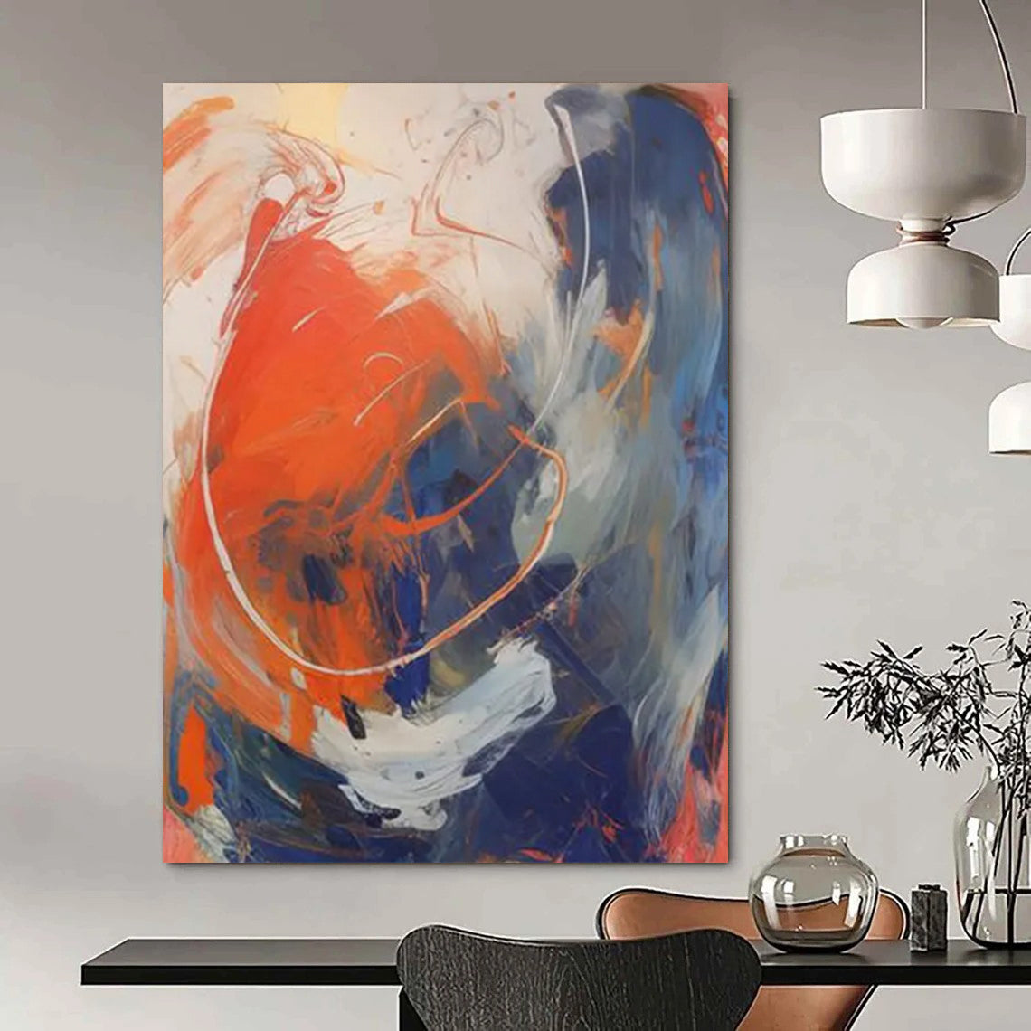 “Vibrant Swirls” - Bold Orange, Blue & White Dynamic Strokes Painting On Canvas DS133