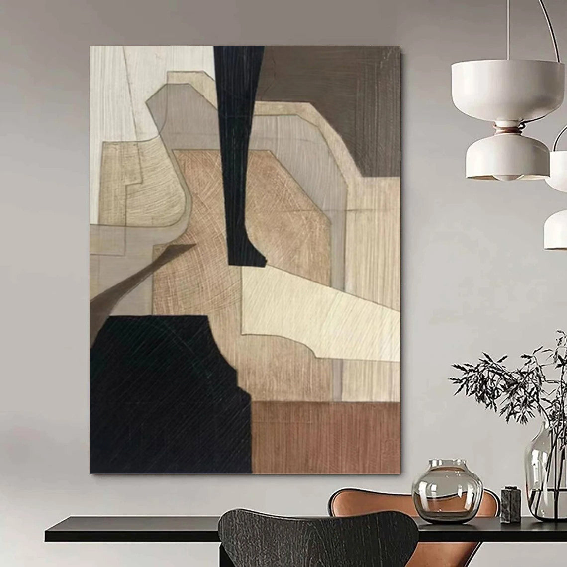 “Wood - Toned Geometric Abstraction” - Brown and Beige Geometric Painting On Canvas PT1071