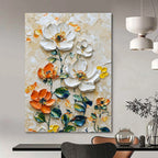“Impasto White - Orange Floral Oil Art” - Oil Painting On Canvas PT2068