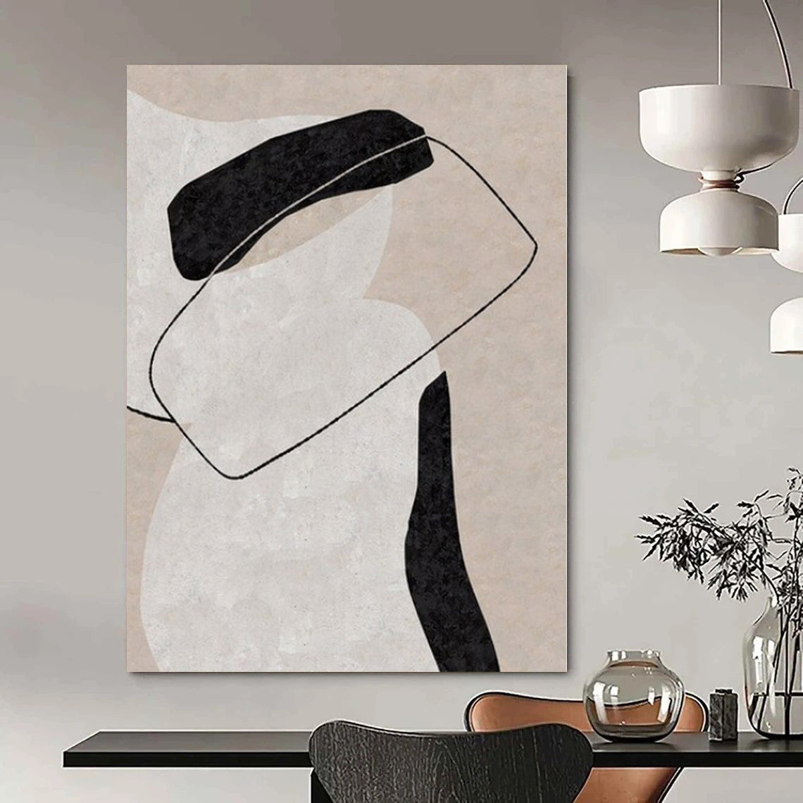 Black, White and Beige with Intertwined Forms "Delicate Balance" Abstract Painting On Canvas PS1141
