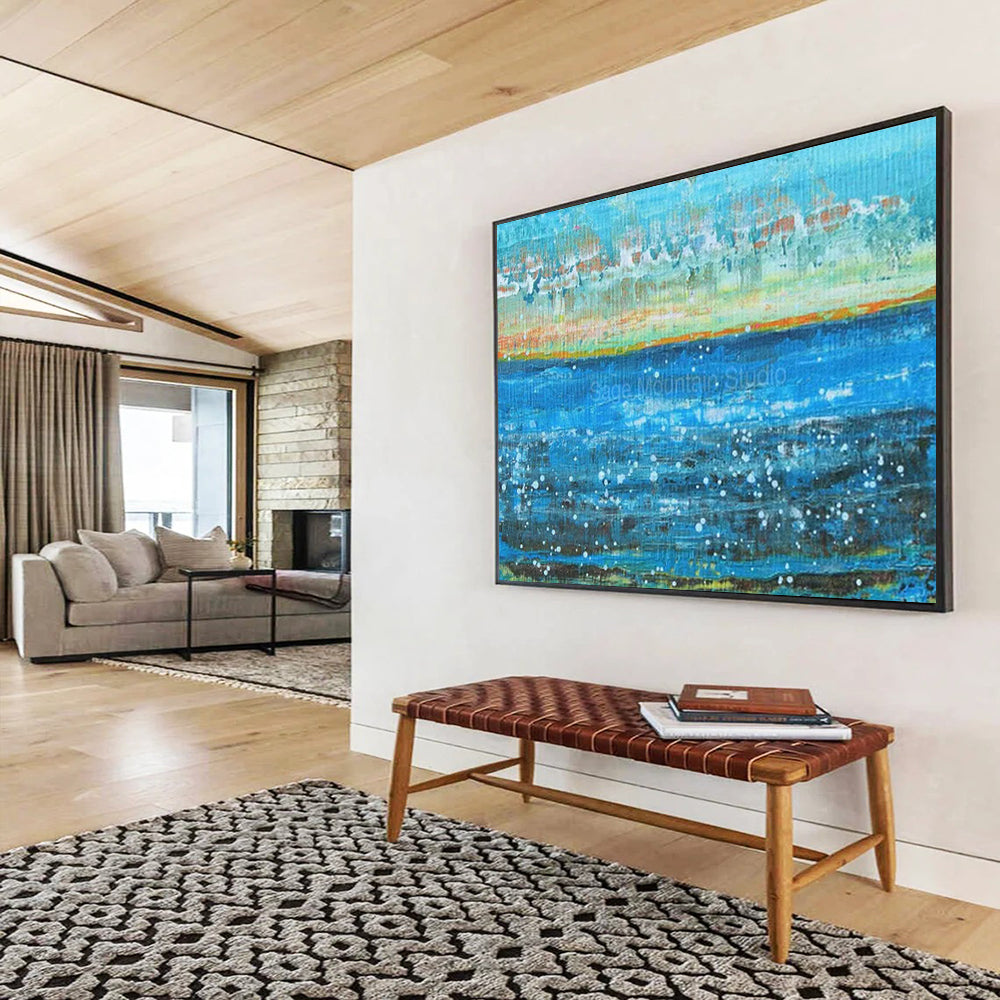 “Blue Water with White Dots and Colorful Shore” - Impressionist Maritime - Painting On Canvas PT1794