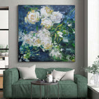 White Roses with Green, "Blurred Blooms" – Impressionistic Floral On Canvas PS0892