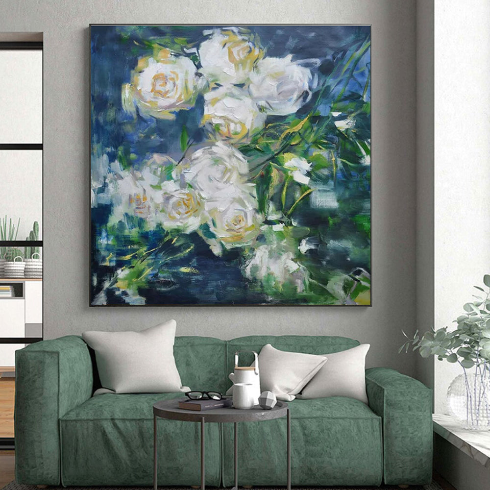 White Roses with Green, "Blurred Blooms" – Impressionistic Floral On Canvas PS0892