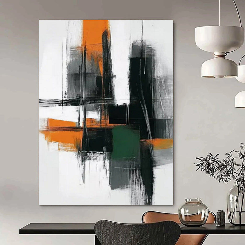Urban Geometry in Orange, Gray, and Green - Bold Brushstrokes Abstract Painting On Canvas PS1244