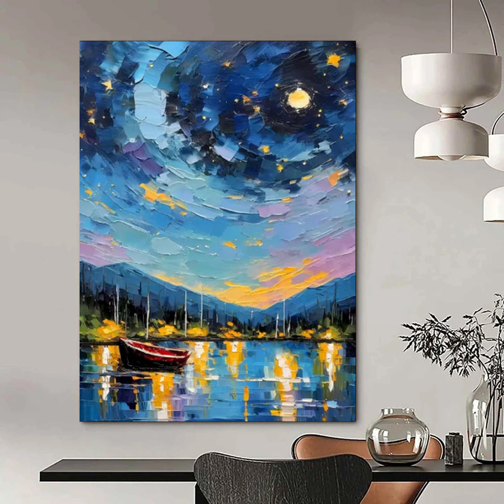 “Colorful Impasto Night Sky Harbor” - Impasto Landscape Painting On Canvas PT1886