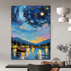 “Colorful Impasto Night Sky Harbor” - Impasto Landscape Painting On Canvas PT1886