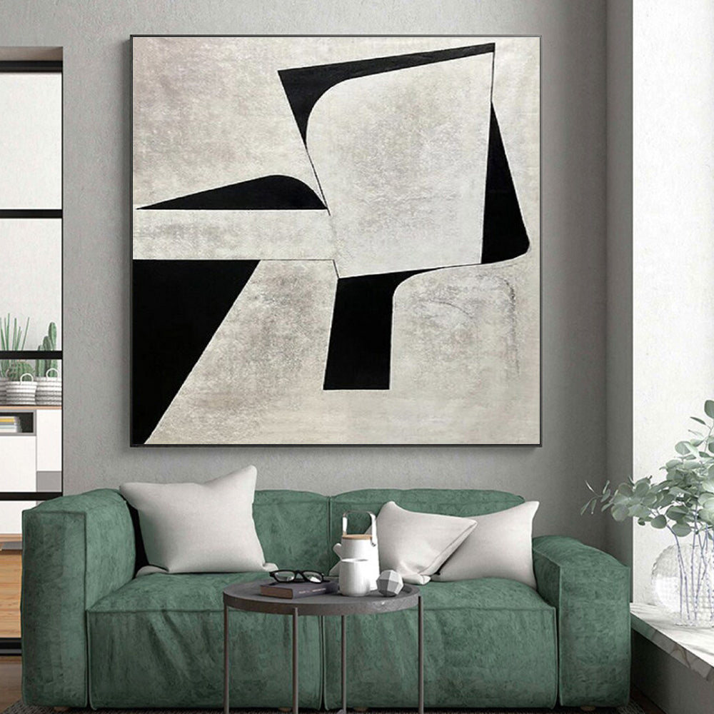 “Monochrome Geometric Shapes” - Beige, Black Abstract Minimalist Painting On Canvas PS0671