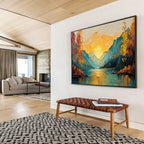 “Sunset - Lit Mountain Lake” - Impasto Oil Painting on Canvas DKS907