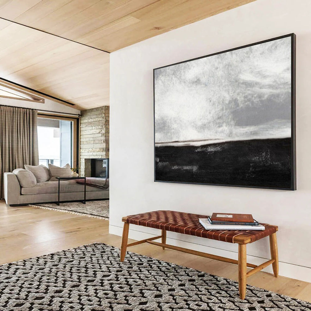 “Black - White Minimalist Horizon” - Monochromatic Calm “Nightfall Shore” Painting On Canvas PT1666