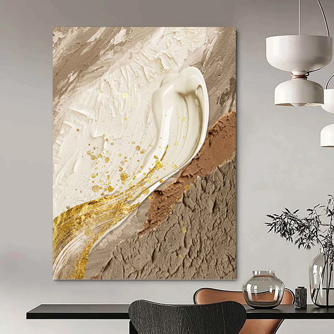 “Neutral Tones with Gold Accents” - Elegant, Abstract Painting On Canvas PT1487