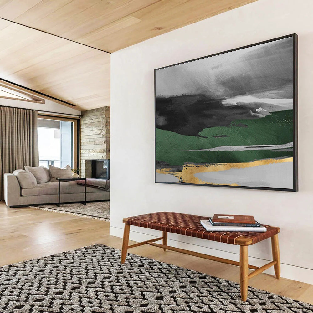 “Green and Gold Abstract Landscape” - Abstract Landscape Painting, Ideal for Dining Room & Entryway DKS606