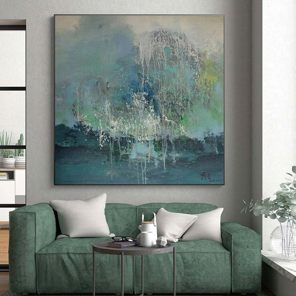 “Waterfall Of Colors” - Blue, Green, White Abstract Drip Painting On Canvas PS0638