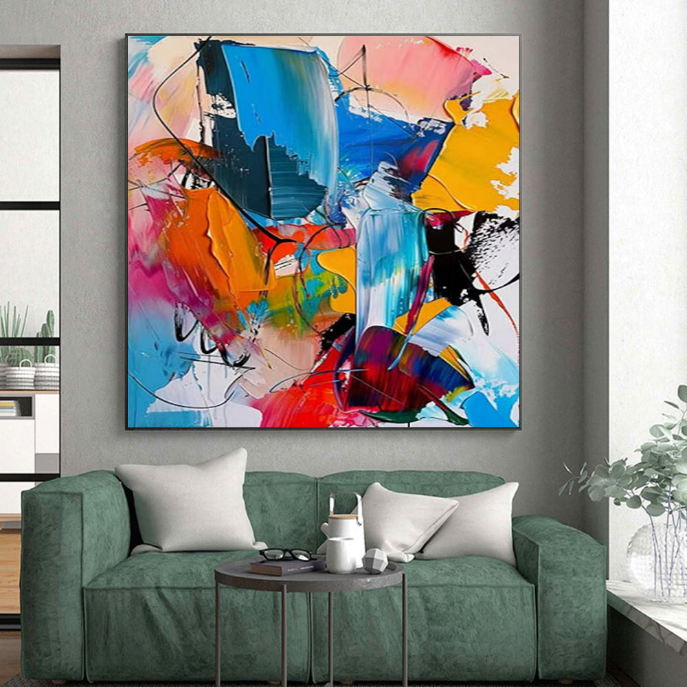 “Colorful Abstract Fusion” - Blue, Pink, Yellow, Orange Abstract Expressionist Painting On Canvas PS0689