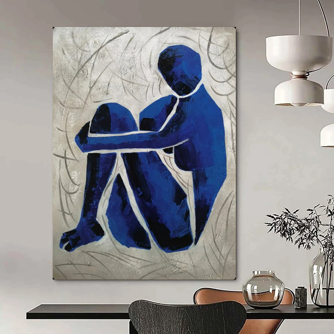 “Blue Figure in Grass” - Textured Acrylic Painting On Canvas PT2166