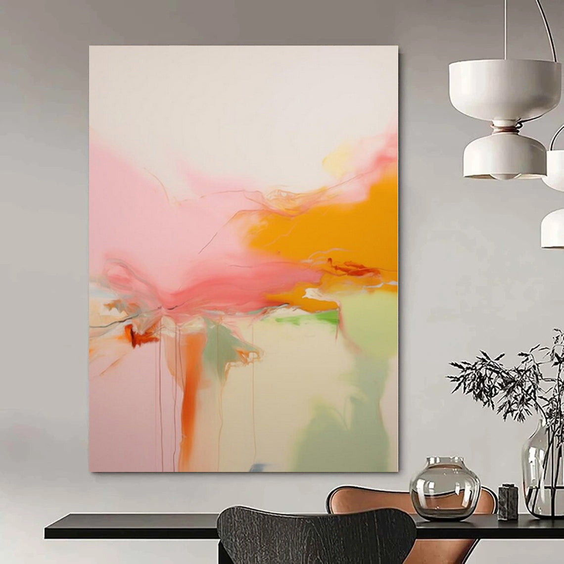 Pink, Orange, Green and White with Flowing Forms "Blush Breeze" Abstract Painting On Canvas PS1176