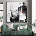 “Black - White Expressive Strokes” - Black, White, Red Abstract Painting On Canvas PS0495