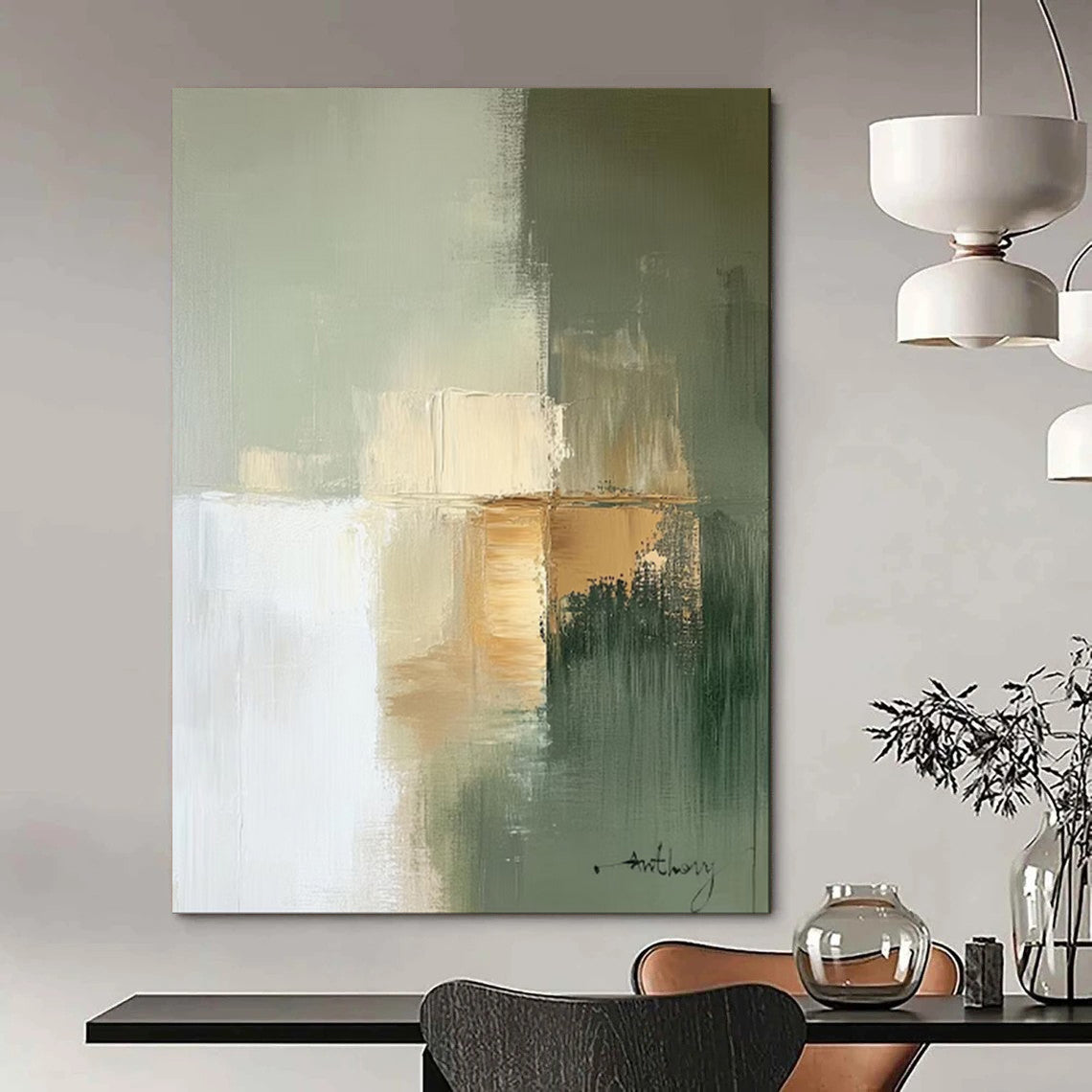 “Soft Green - Gold Abstract Blocks” - Abstract Painting On Canvas PT2081