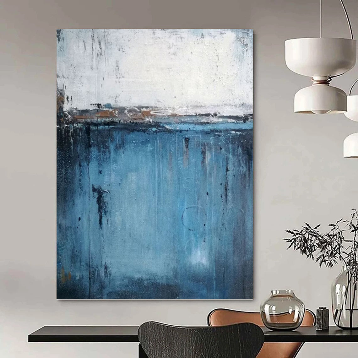 “Blue and White Abstract Horizon” - Minimalist, Serene - Styled Painting On Canvas PT1558