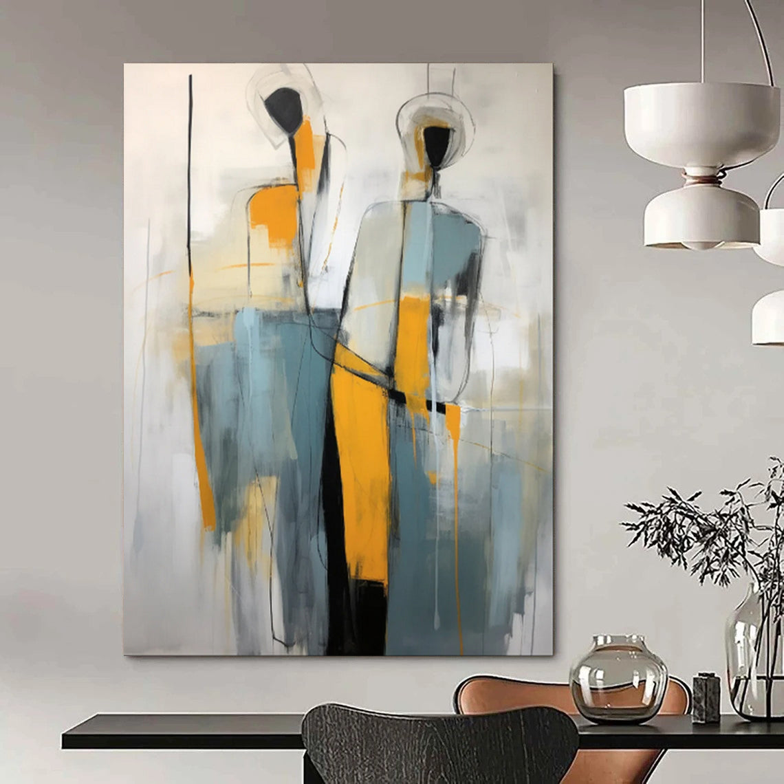 “Abstract Gray - Yellow Human Forms” - Figurative Abstract Painting On Canvas PT1880