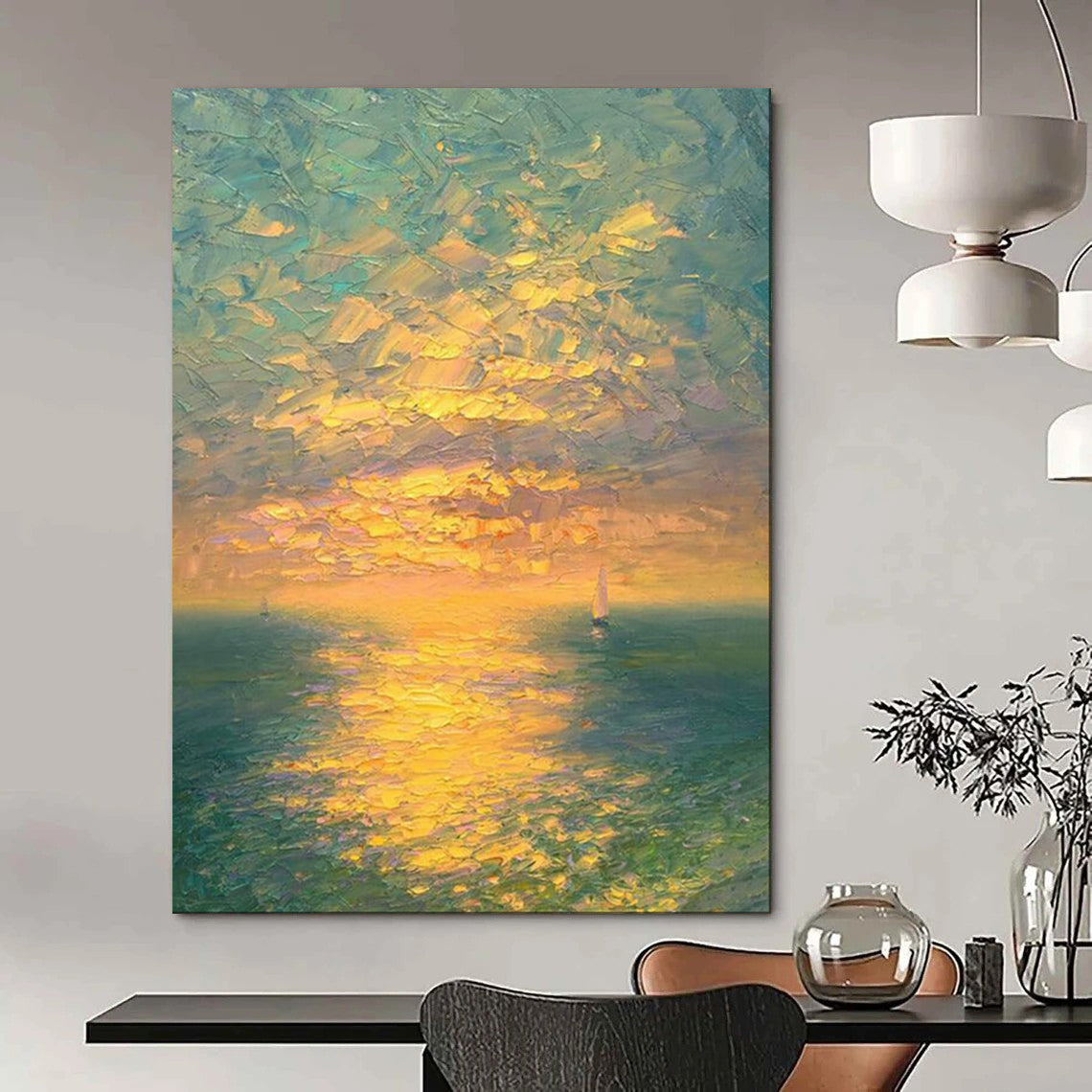 “Vibrant Sunset Sea with Sailboats” - Landscape Painting On Canvas PT2070