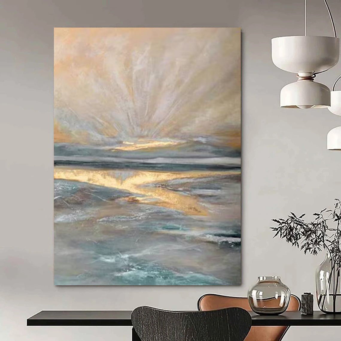 “Ethereal Coastal Glow - Soft Tones & Golden Reflections” Painting On Canvas DS264