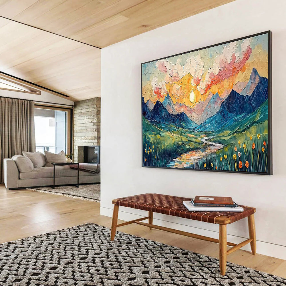 “Impasto Mountain Sunset” - Impasto Oil Painting On Canvas DKS856