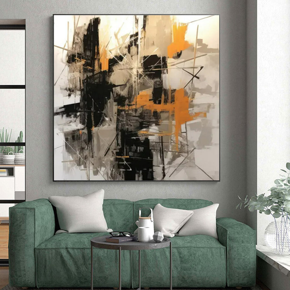 Black, Grey & Orange Abstract Chaos Painting On Canvas PS0821