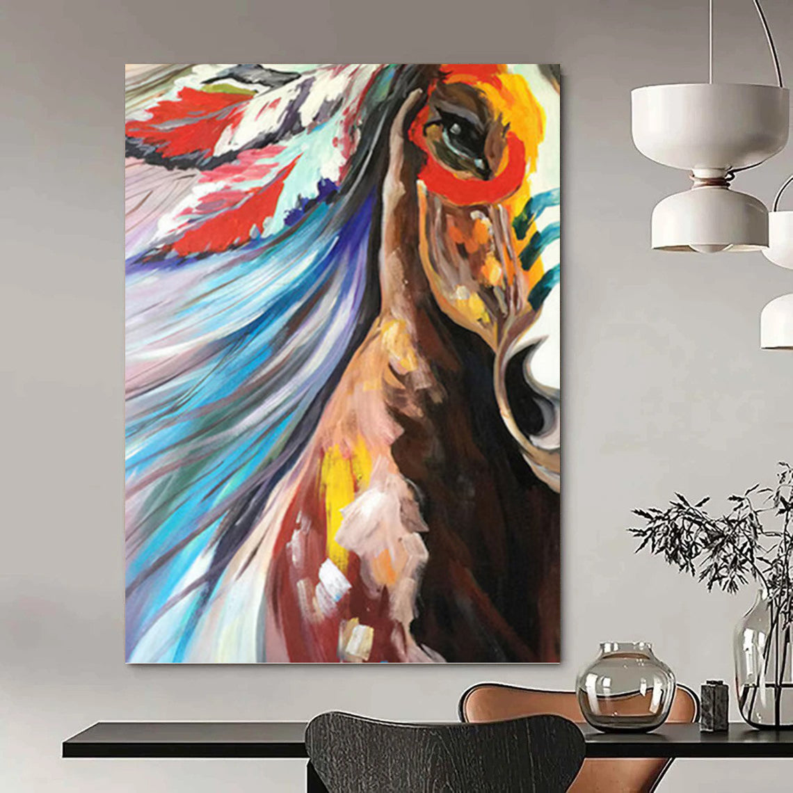 “Colorful Horse with Feather Headdress” - Expressionist - Inspired Animal Painting On Canvas PT1426