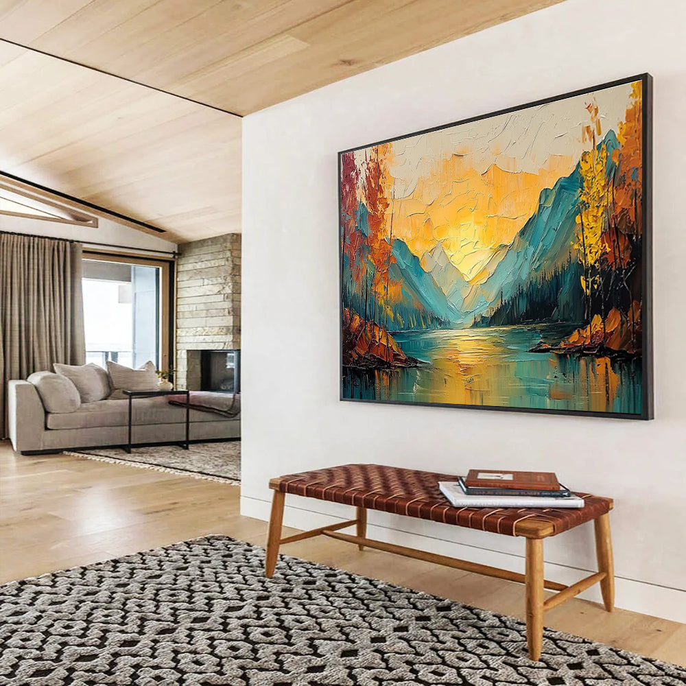 “Impasto Mountain Lake Sunset” - Impasto Oil Landscape Painting On Canvas DKS861