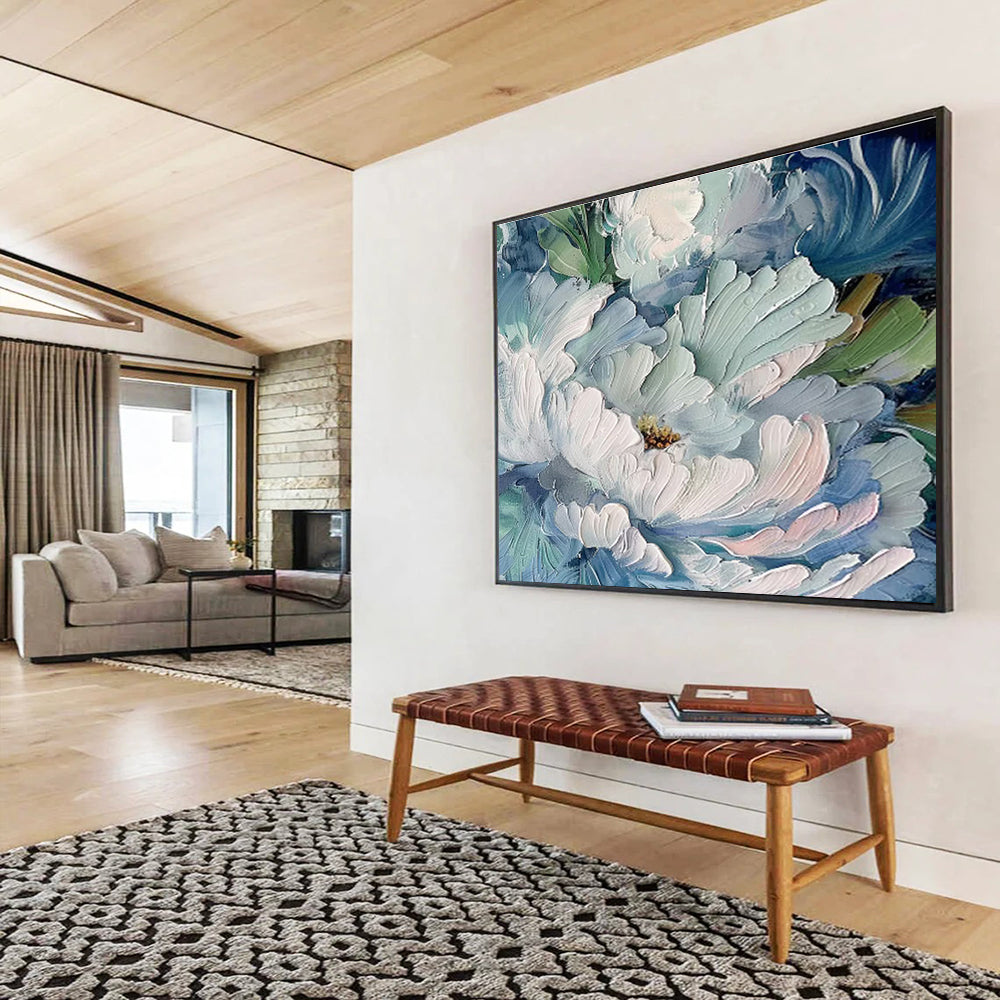 Aqua Peonies - Textured Floral Oil Painting, Ideal for Bathroom & Sunroom DKS675
