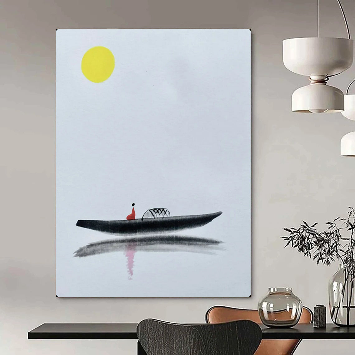 “Yellow Moon & Red Figure on Black Boat” - Minimalist Ink Painting On Canvas PT2163