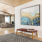 “Gold - Blue Abstract Peaks” - Blue, Gold & White Abstract, Textured Acrylic Painting On Canvas DKS733