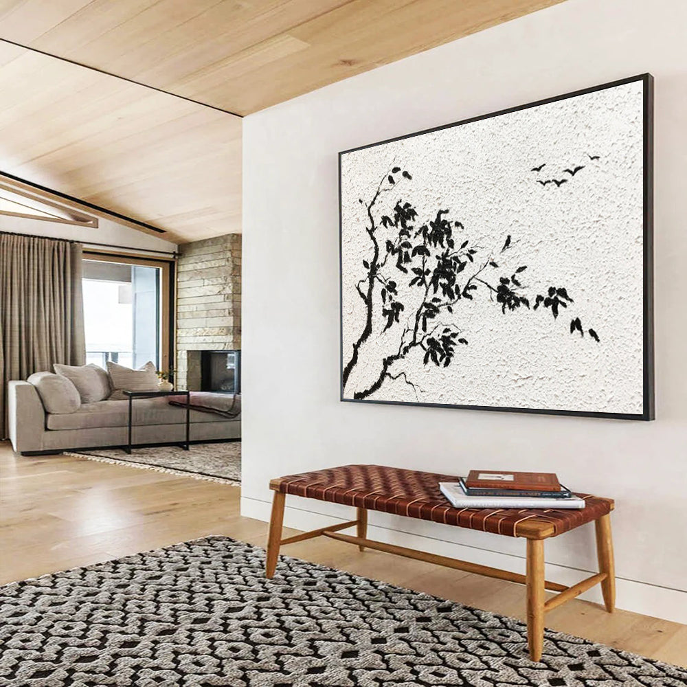 “Ink - Wash Tree and Birds” - Minimalist Chinese - style Painting On Canvas DKS451