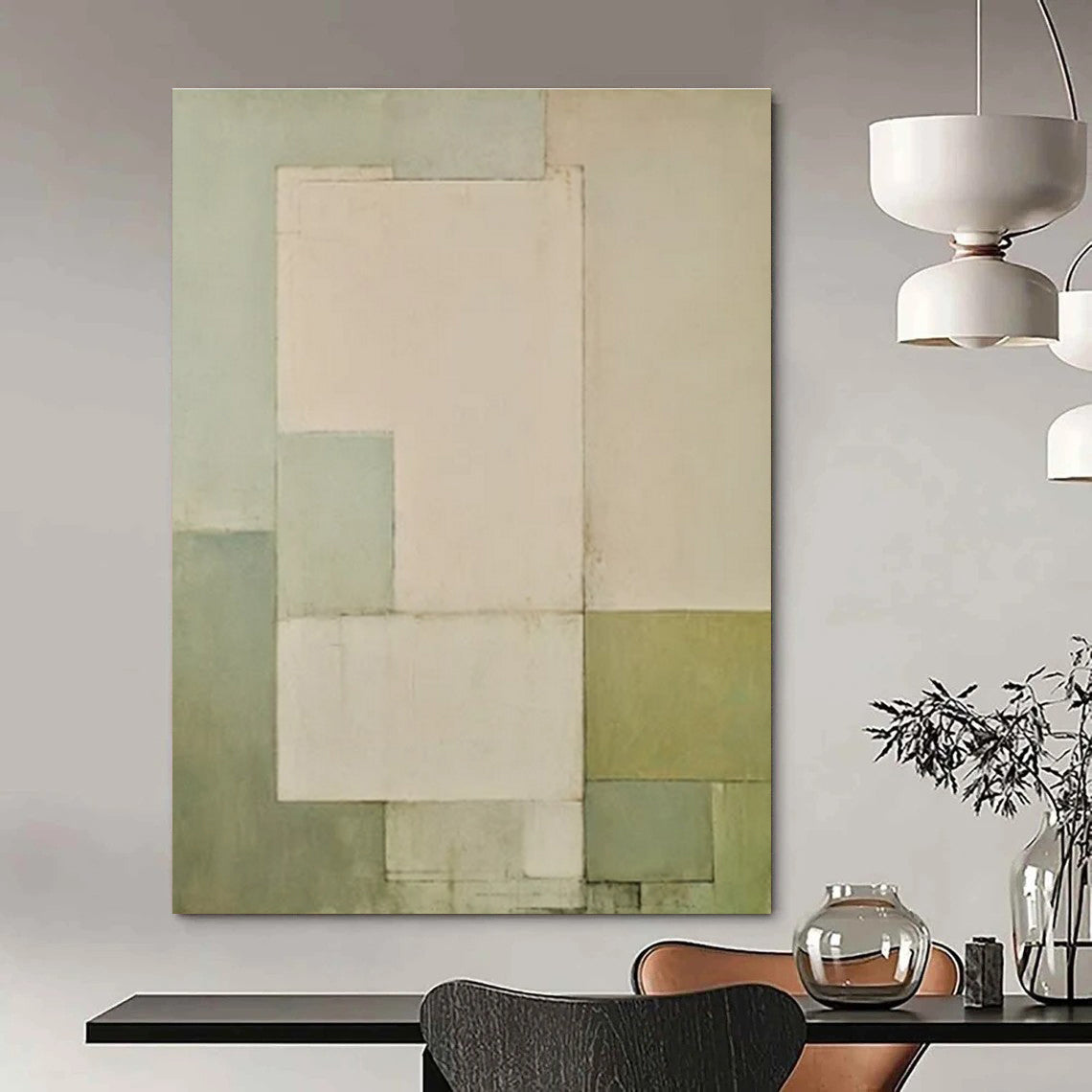 Light Green, Gray, Beige with Subtle Rectangles "Soft Structure" Abstract Painting On Canvas PS1444