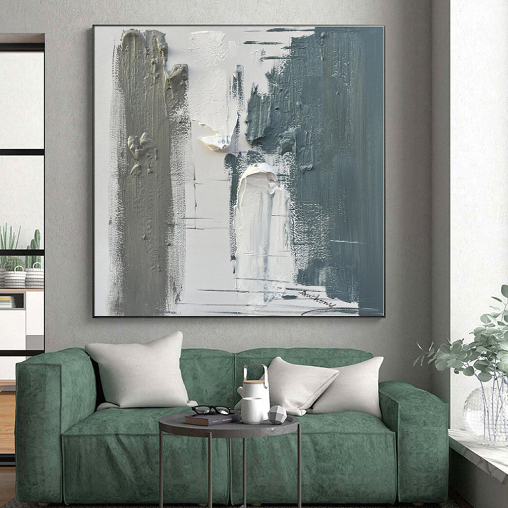 “Gray - White Textured Blocks” - Gray, White Abstract Painting On Canvas PS0494