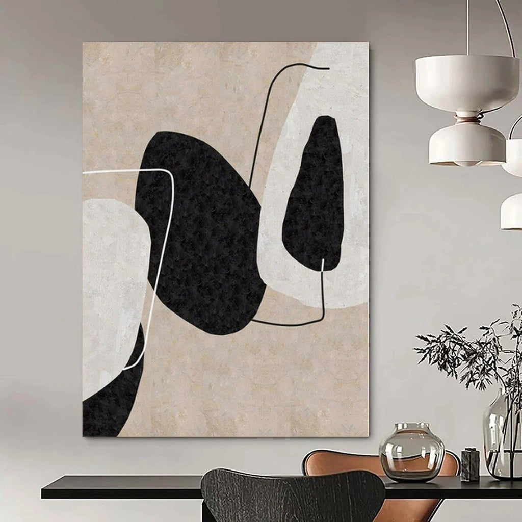 Beige, Black and White with Organic Shapes and Lines "Natural Connection" Abstract Painting On Canvas PS1152