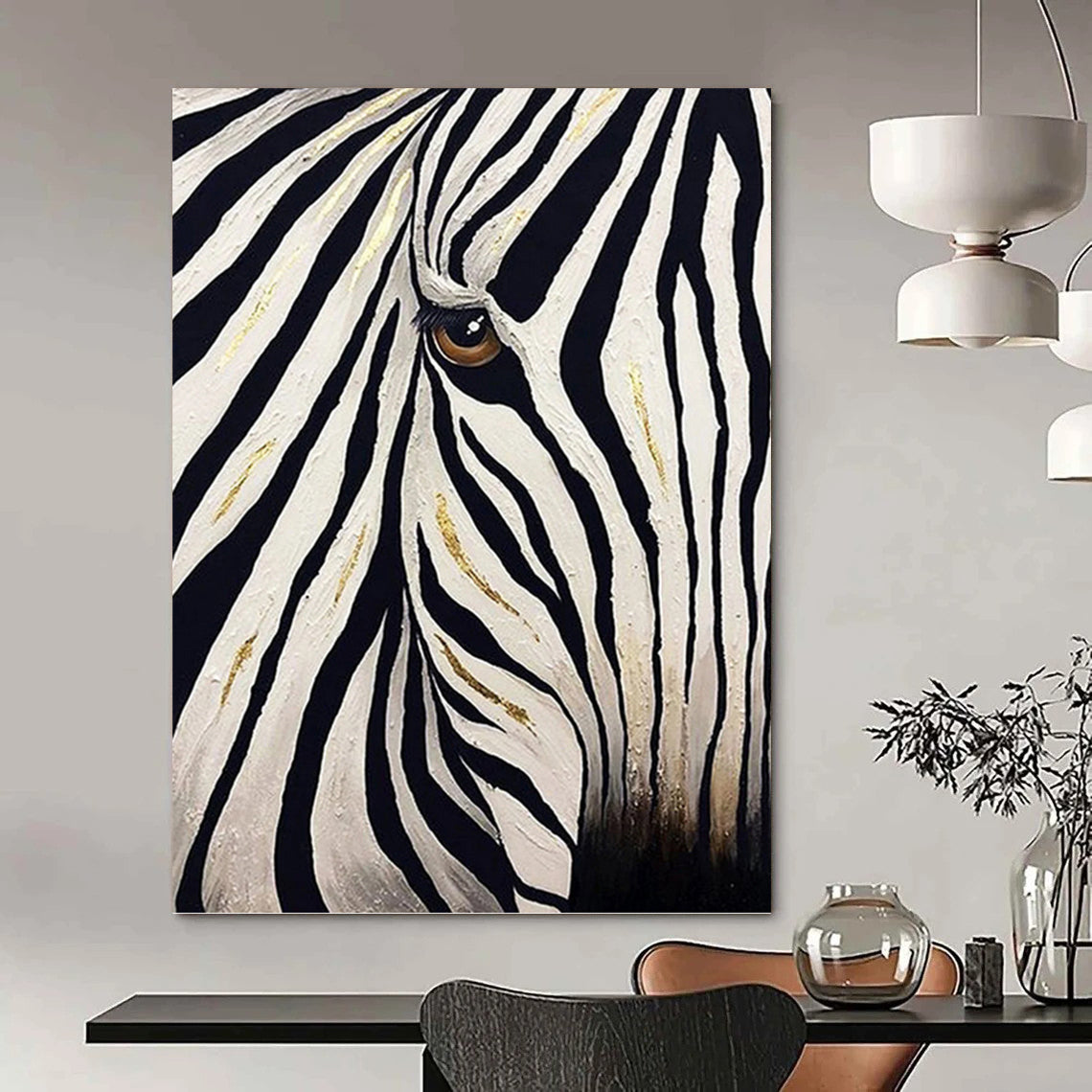 “Golden - Striped Zebra Gaze” Painting On Canvas PT1446