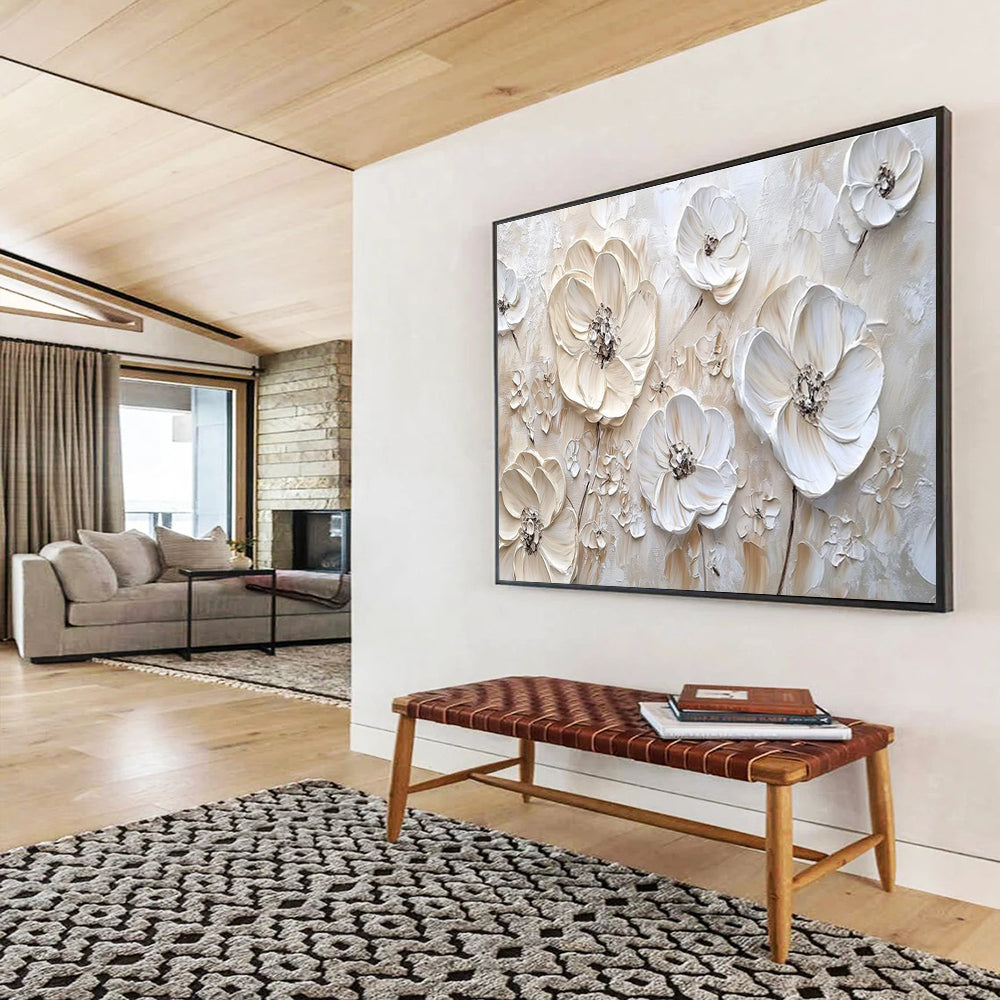 “3D Cream - White Floral Relief” - Impasto Oil Painting on Canvas DKS906