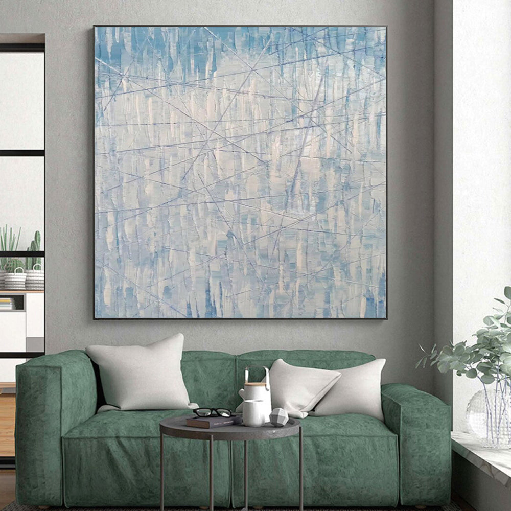 “Blue - White Linear Abstraction” - Blue, White Abstract Painting On Canvas PS0475