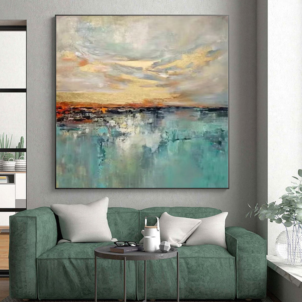 “Colorful Sky Reflection” - Blue, Orange, Gold Abstract Landscape Painting On Canvas PS0388