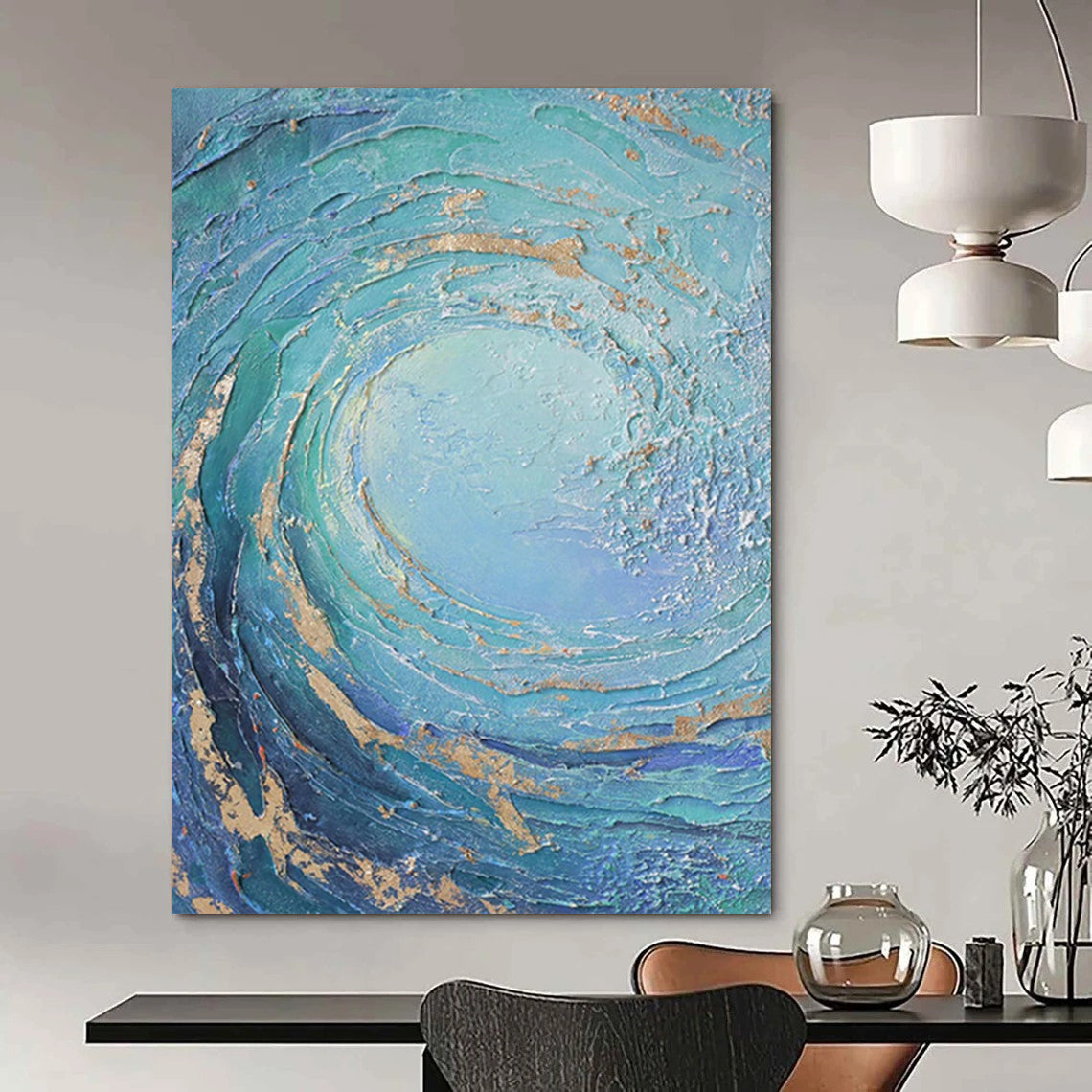“Teal and Gold Swirl” - Textured Abstract Wave Painting On Canvas DS332