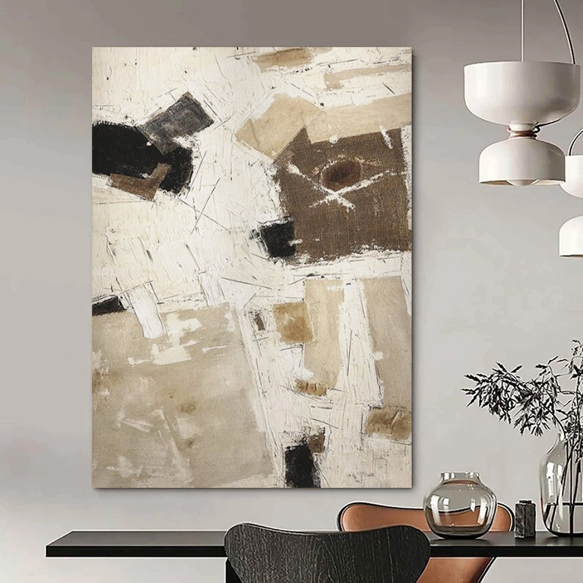 Brown and White Geometric, "Neutral Mosaic" – Abstract Geometric Painting On Canvas PS0974