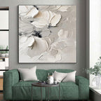 “White - Gray Textured Florals” - White, Gray Abstract Painting On Canvas PS0525