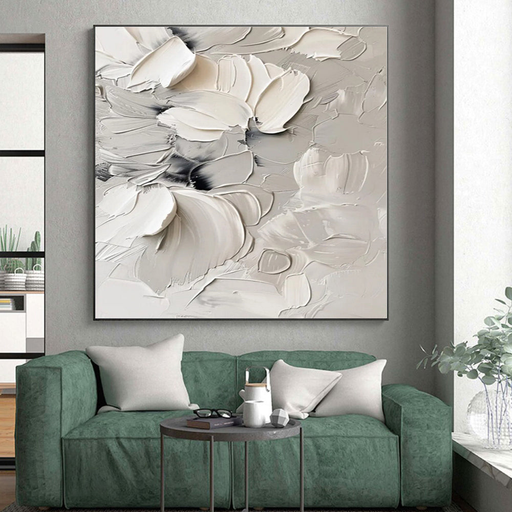 “White - Gray Textured Florals” - White, Gray Abstract Painting On Canvas PS0525