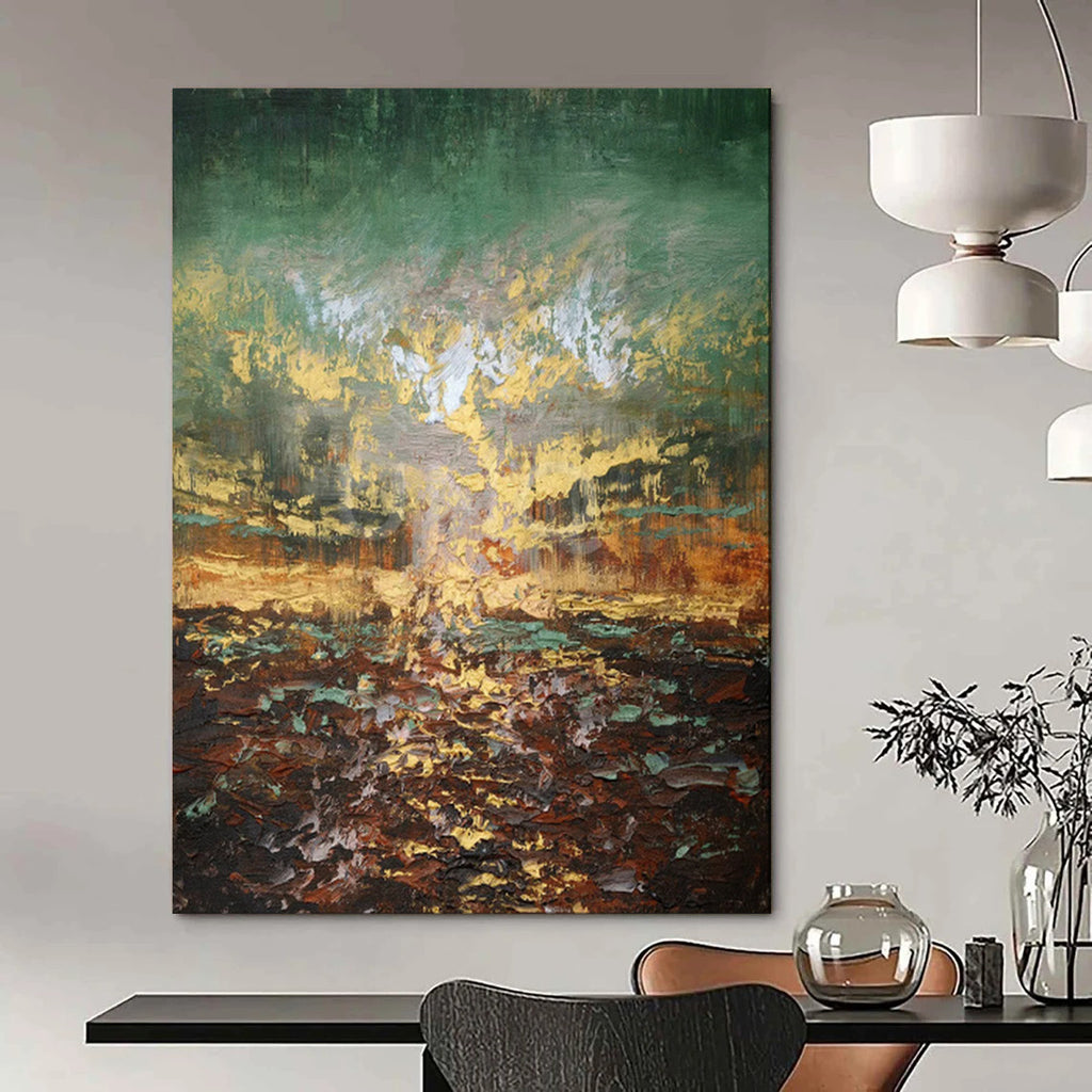 “Textured Green and Gold Abstract Landscape” - Abstract Landscape Painting On Canvas PT1942