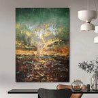 “Textured Green and Gold Abstract Landscape” - Abstract Landscape Painting On Canvas PT1942