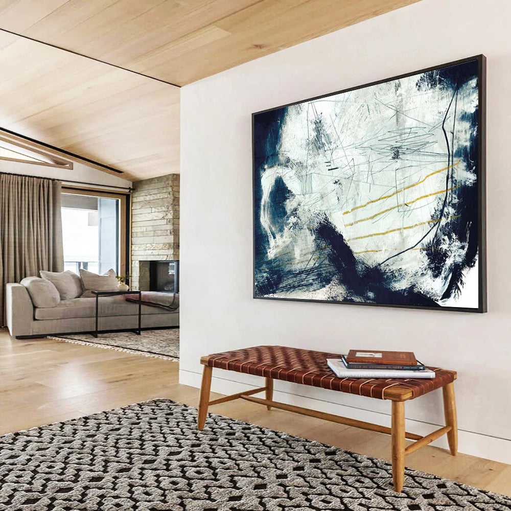 “Blue - Gray Abstract with Yellow Lines” - Textured Abstract Painting On Canvas PT141