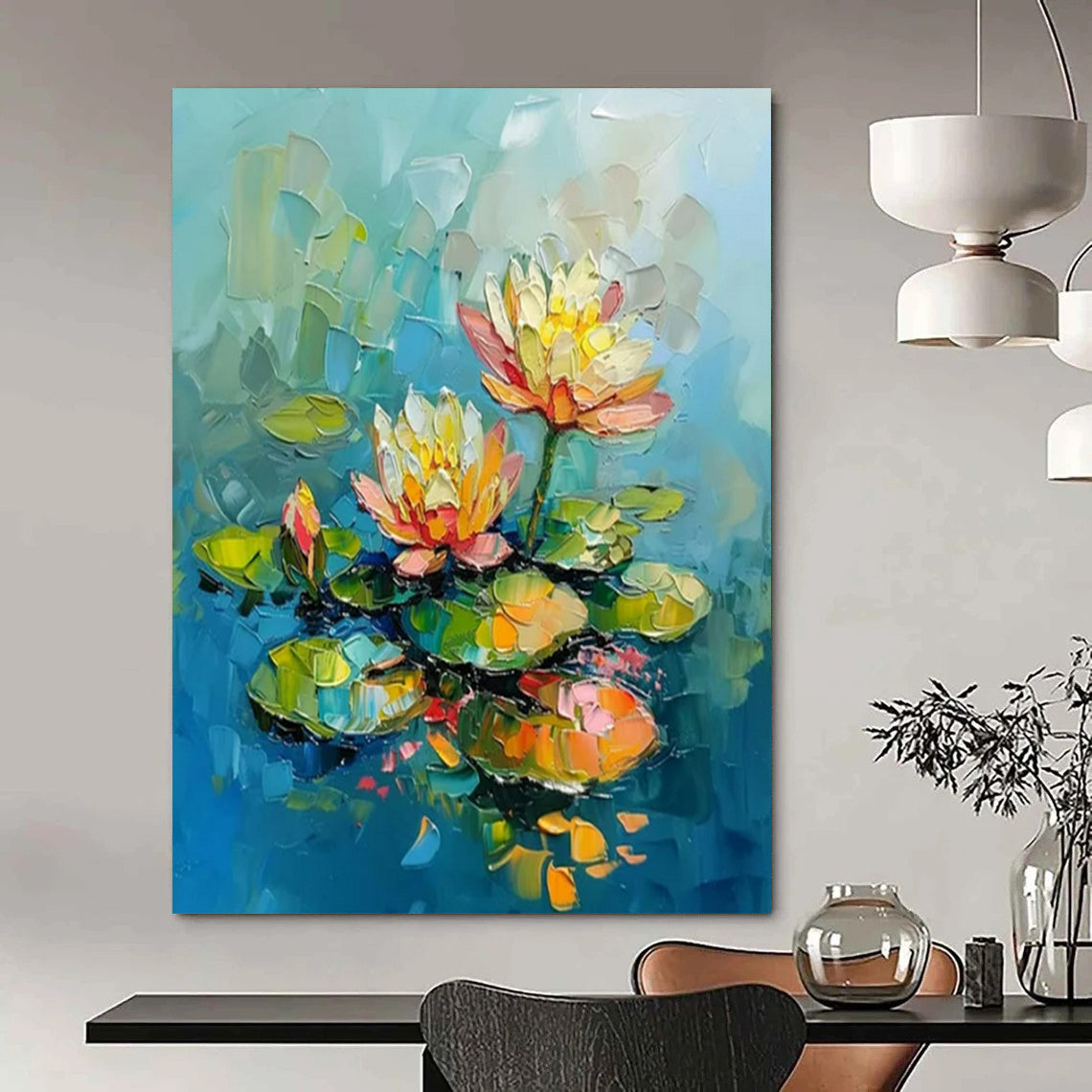 “Colorful Water Lilies” - Impasto Floral Painting On Canvas PT2240